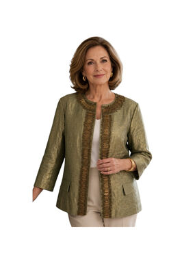 Chico’s Beaded Metallic Olive Jacket Open Front 3/4 Sleeve